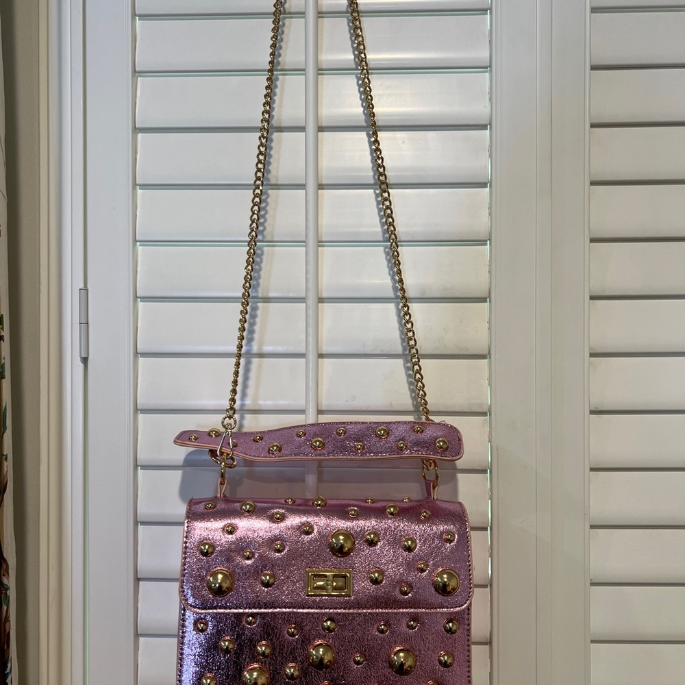 Metallic Pink Studded Chain Shoulder Bag